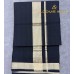 Deep Black Pure Handloom Balaramapuram  Kasavu Double Mundu – Deep Black Base with Antique Gold Kasavu Border & Vintage Stripe Detail