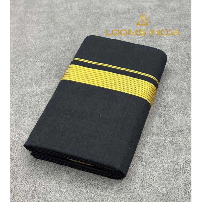 Black Pure Handloom Balaramapuram Unakkupaav Kasavu Double Mundu – Deep Black Base with Broad Golden Kasavu  Border & Classic Stripe Detail