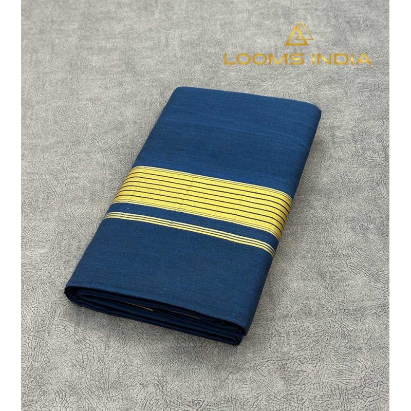 Pure Handloom Balaramapuram Kasavu Double Mundu  – Royal Blue Base with Broad Golden Kasavu Multi-Stripe kasavu Border