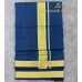 Pure Handloom Balaramapuram Kasavu Double Mundu  – Royal Blue Base with Broad Golden Kasavu Multi-Stripe kasavu Border