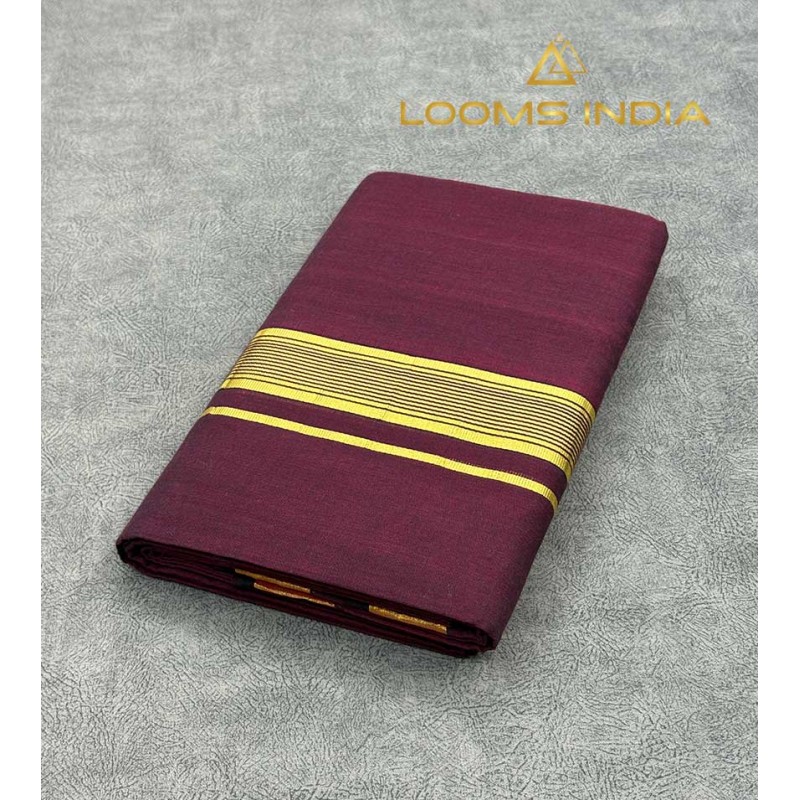 Maroon Pure Handloom Balaramapuram Cotton Double Mundu – Deep Maroon Base with Broad Golden Kasavu Diagonal Texture Zari Border