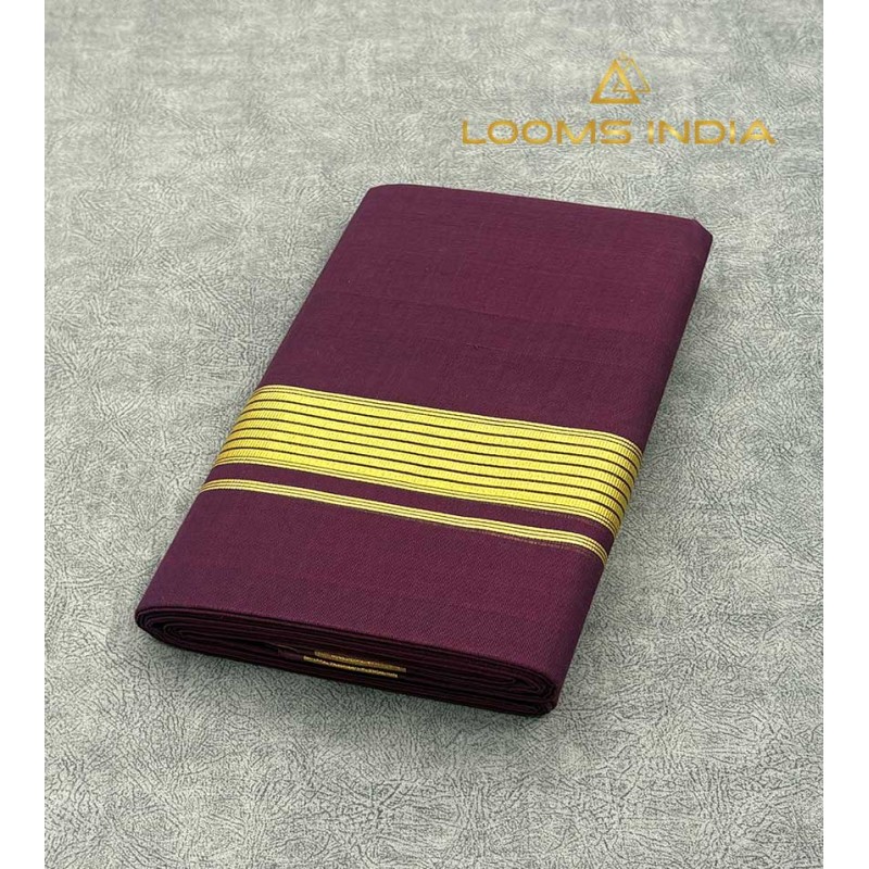 Pure Handloom Balaramapuram Unakkupaav Kasavu Double Mundu  – Deep Maroon Base with Broad Golden Kasavu Multi-Stripe Zari Border
