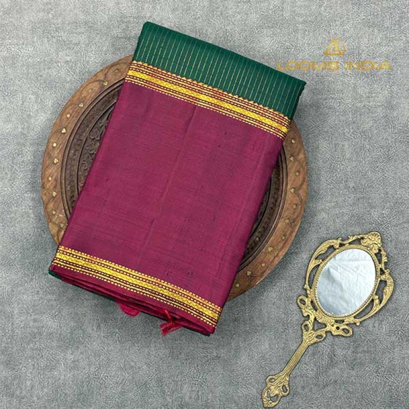 Pure Kanchipuram Handloom Silk Saree – Dark Green Body with Vaira Oosi Zari Detailing & Contrast Rich Magenta Korvai Border