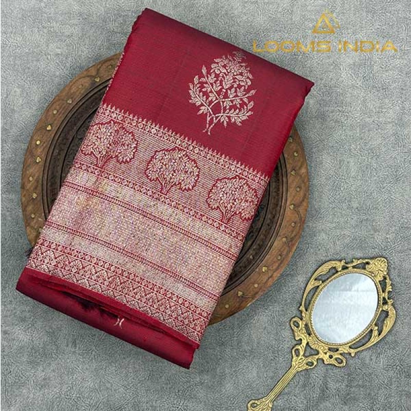 Pure Kanchipuram Handloom Silk Saree – Deep Maroon Monotone with All-Over Neem Zari Butta & Coordinated Pallu