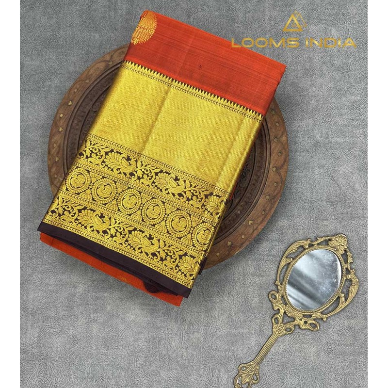Pure Kanchipuram Handloom Silk Saree – Burnt Orange Body with Golden Zari Mango Motifs & Contrast Brown Annapakshi Border