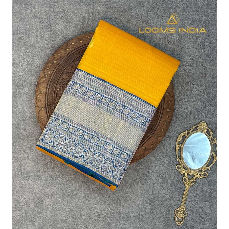 Pure Kanchipuram Handloom Silk Saree – Vibrant Mango Yellow Body with Mughal Zari Motifs & Contrast Peacock Blue Annapakshi Border