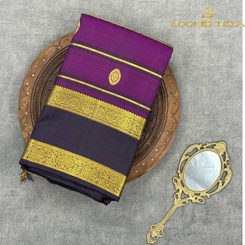 Pure Kanchipuram Handloom Silk Saree – Regal Purple Body with Zari Motifs & Contrast Dark Brown Zari Border