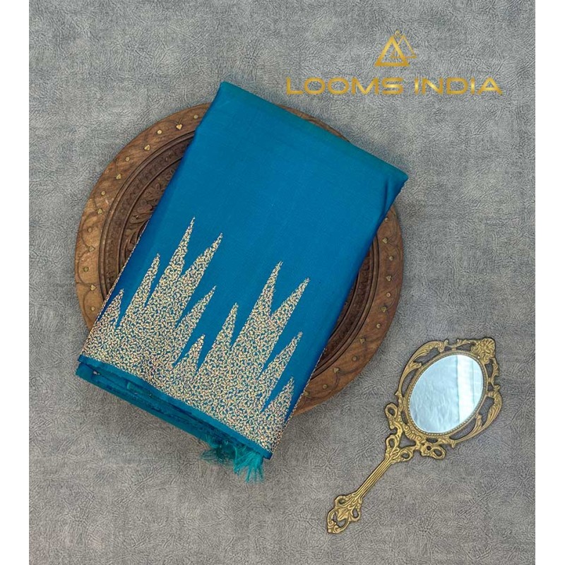 PEACOCK BLUE PURE HANDLOOM KANCHIPURAM SAREE