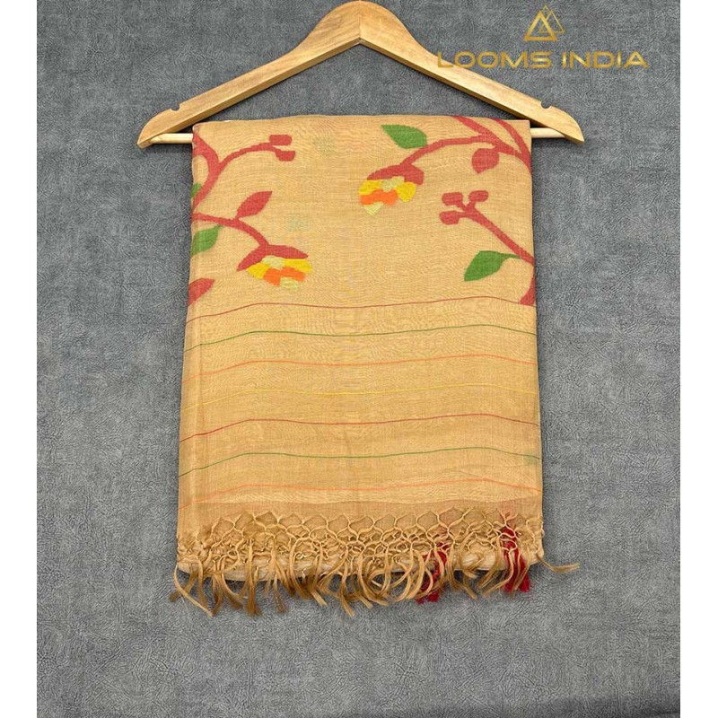 Pure Linen Handloom Saree – Soft Light Brown with Jamdani Floral Branch Motifs & Contrast Red Piping