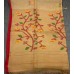Pure Linen Handloom Saree – Soft Light Brown with Jamdani Floral Branch Motifs & Contrast Red Piping