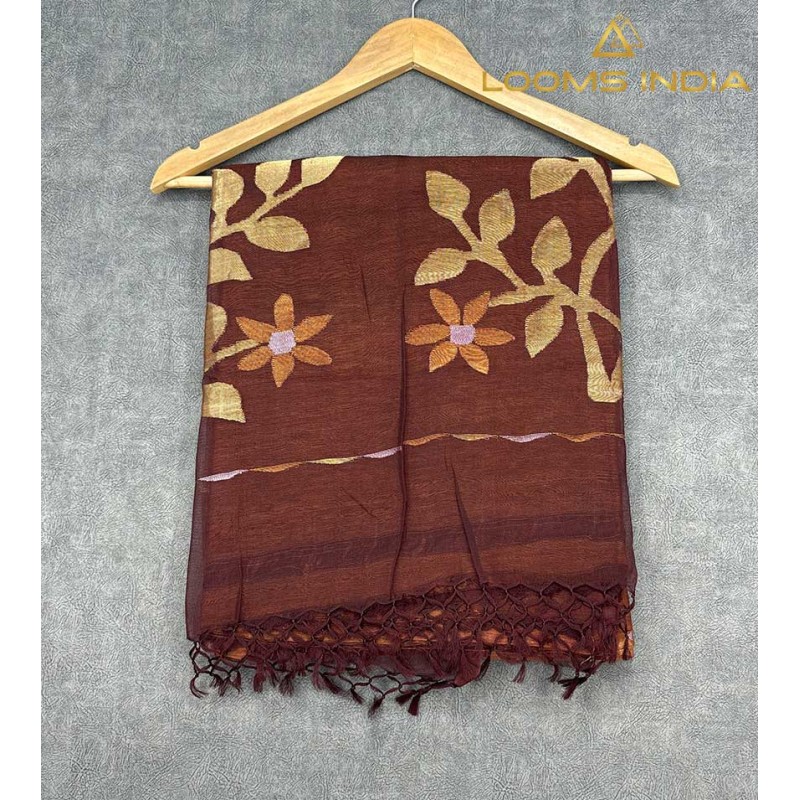 Pure Linen Handloom Saree – Warm Rust Brown with Jamdani Floral & Branch Motifs