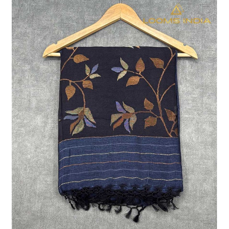 Pure Linen Handloom Saree – Deep Navy Body with Jamdani Multicolour Leaf & Branch Motifs and Contrast Striped Pallu