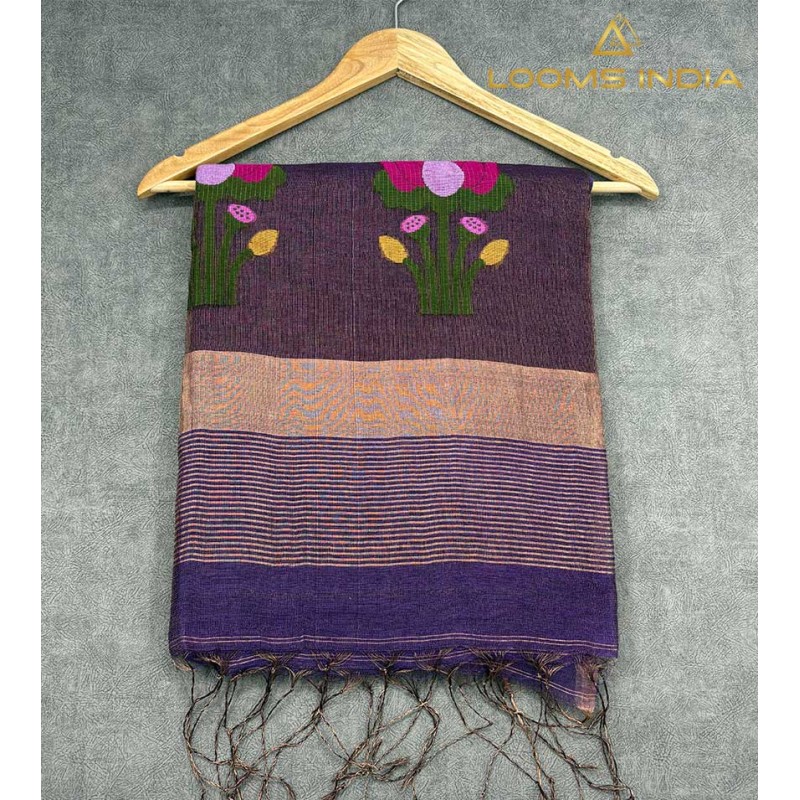 Pure Linen Handloom Saree – Deep Violet with Jamdani Floral & Leaf Motifs and Zari Border