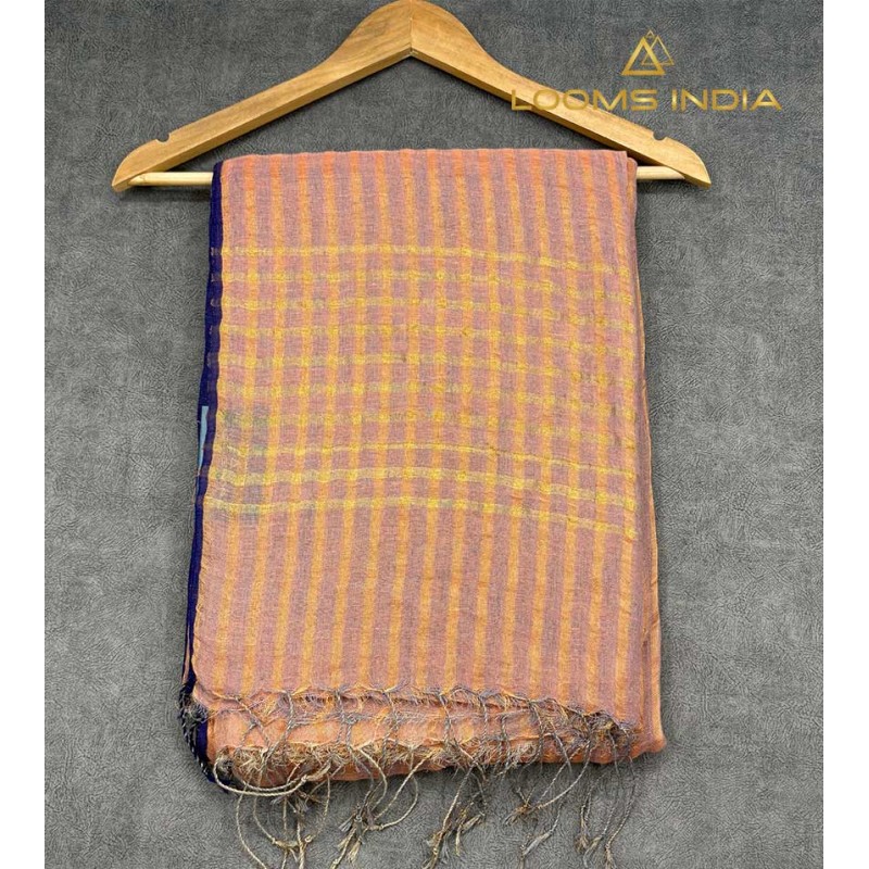 Pure Linen Handloom Saree – Soft Peach Check Weave with Dark Violet Border