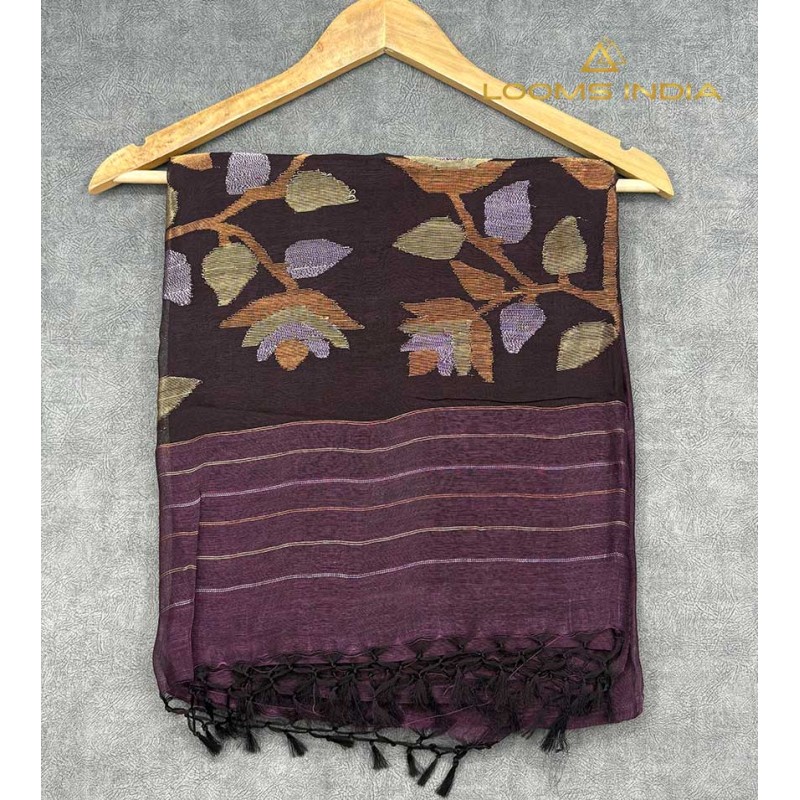 Pure Linen Handloom Saree – Deep Dark Purple with Jamdani Lotus & Leaf Motifs and Contrast Purple Striped Pallu