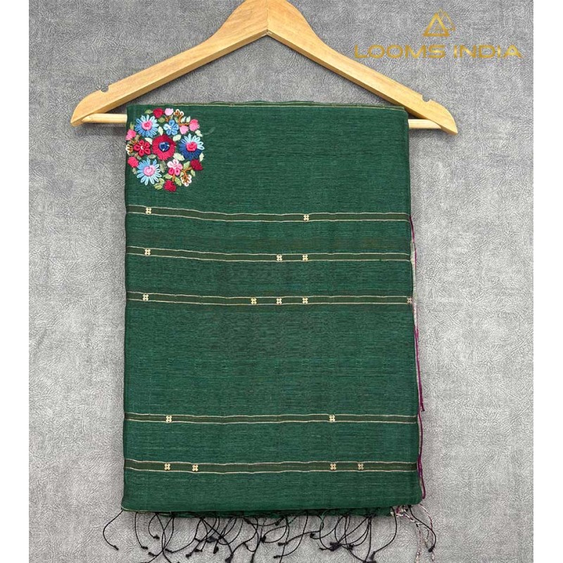 Pure Linen Handloom Saree with Floral Embroidery & Zari Detailing