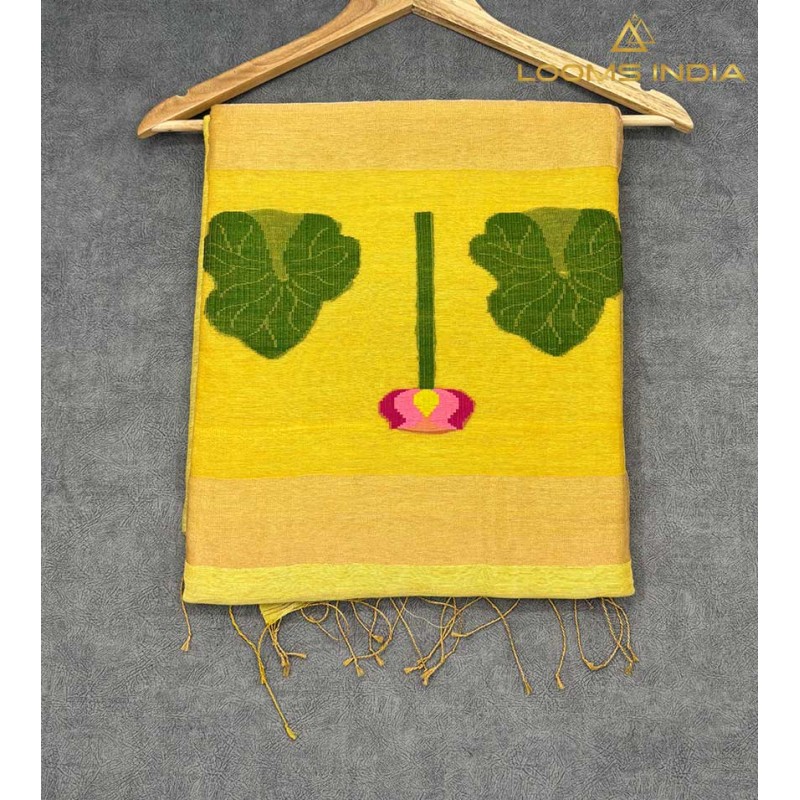Pure Linen Handloom Saree – Sunny Yellow with Jamdani Lotus & Leaf Motifs