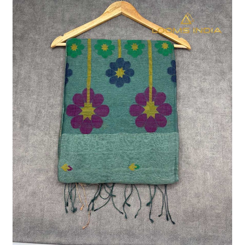 Pure Linen Handloom Saree – Dusty Blue with Jamdani Multi-Colour Floral Motifs & Zari Border