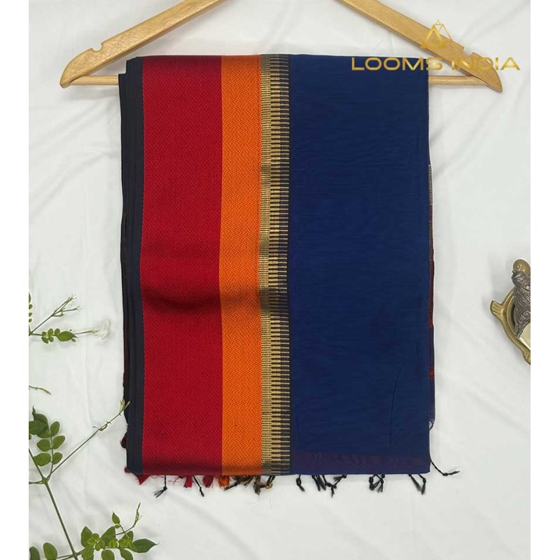 Maheshwari Handloom Saree – Deep Navy Blue Plain Body with Multi-Colour Thread Border & Zari Accents