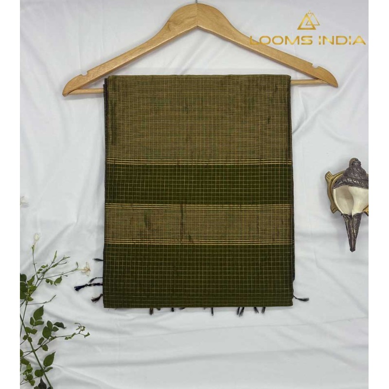 ARMY GREEN MAHESHWARI PURE HANDLOOM COTTON SILK SAREE