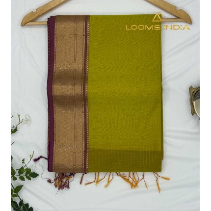 YELLOWISH GREEN MAHESHWARI PURE HANDLOOM COTTON SILK SAREE