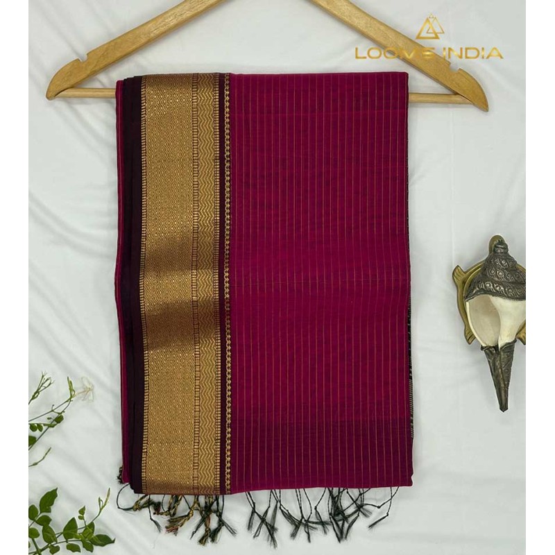 MAGENTA MAHESHWARI PURE HANDLOOM COTTON SILK SAREE
