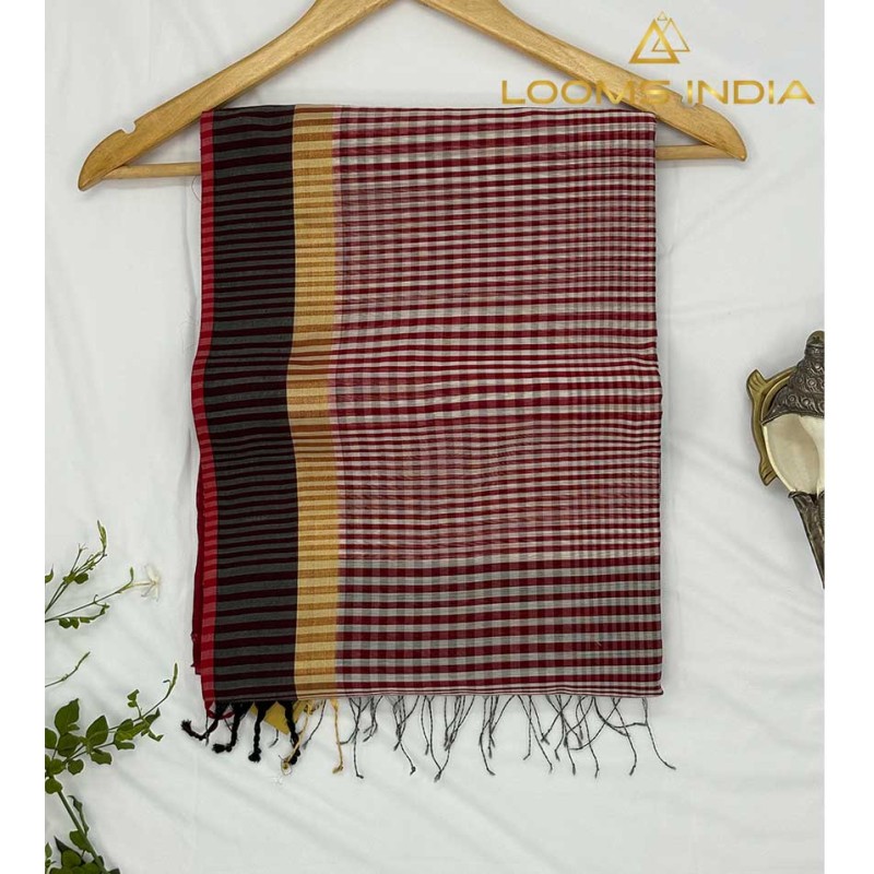 CREAM AND MAROON MAHESHWARI PURE HANDLOOM COTTON SILK SAREE