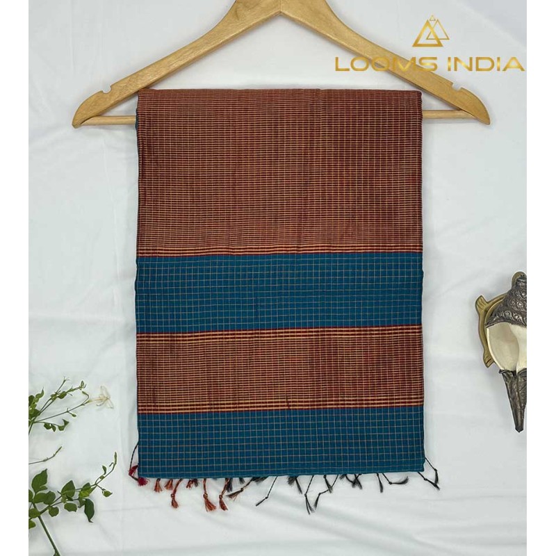 PEACOCK BLUE MAHESHWARI PURE HANDLOOM COTTON SILK SAREE