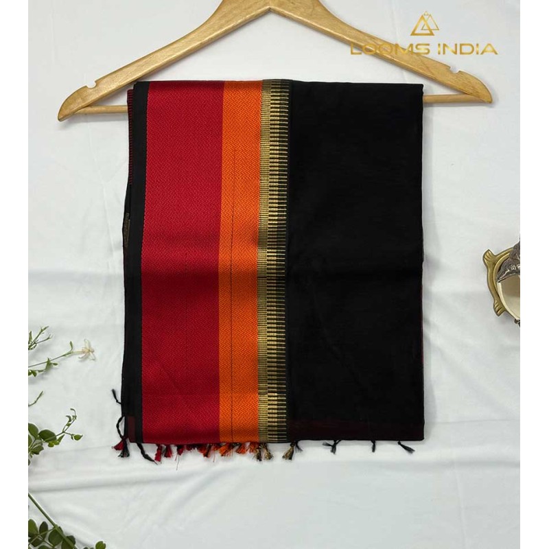 BLACK MAHESHWARI PURE HANDLOOM COTTON SILK SAREE
