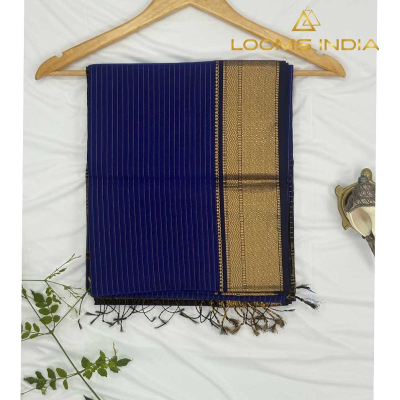 NAVY BLUE MAHESHWARI PURE HANDLOOM COTTON SILK SAREE