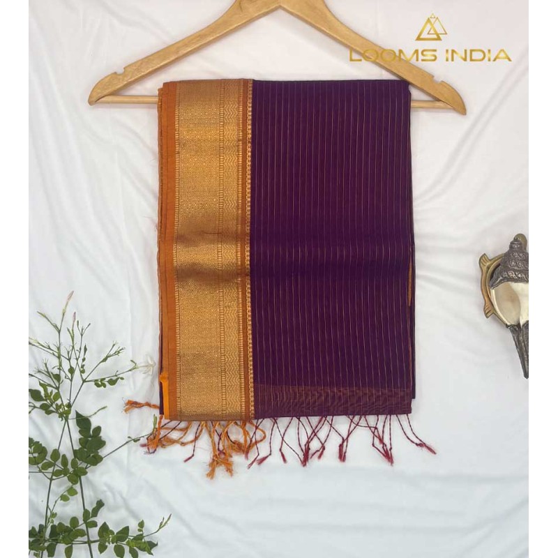 PURPLE MAHESHWARI PURE HANDLOOM COTTON SILK SAREE