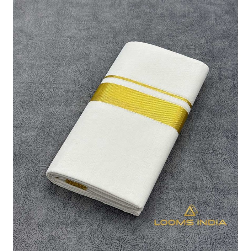 Pure Handloom Balaramapuram Unakkupaav Double Mundu  – Broad Golden Kasavu  Border with Peacock Feather Motif Weave & Pure Off-White Base