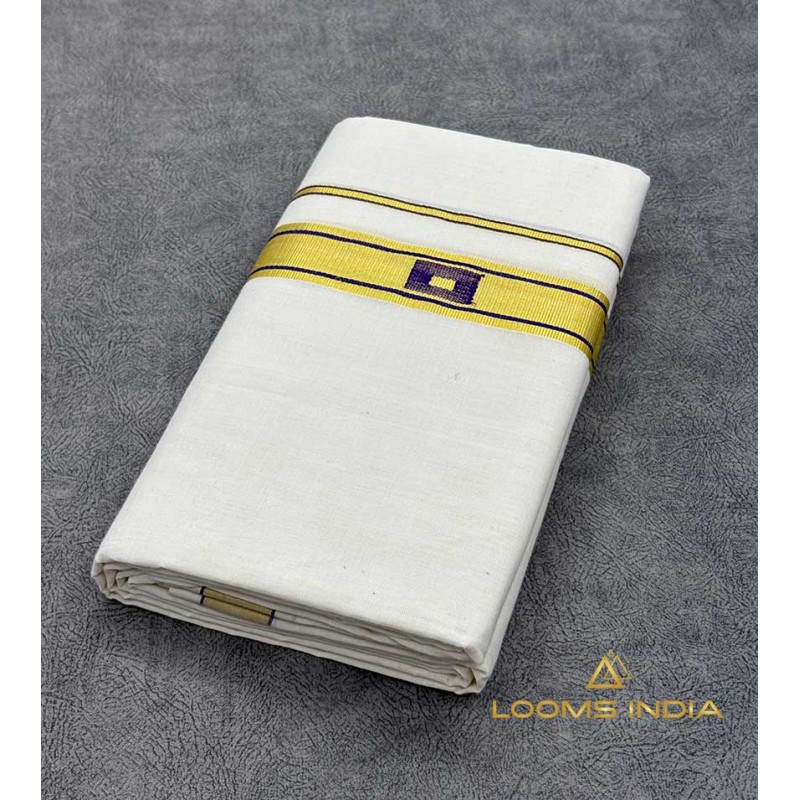 Handloom Cotton Double Mundu Set – Golden Kasavu Zari Border with Violet Thread Motif & Pure Off-White Weave