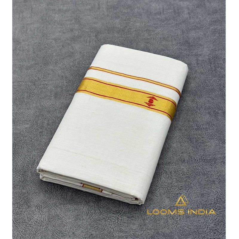 Pure Handloom Balaramapuram Unakkupaav Kasavu Double Mundu Set – Golden Kasavu Zari Border with Red Thread Stripes