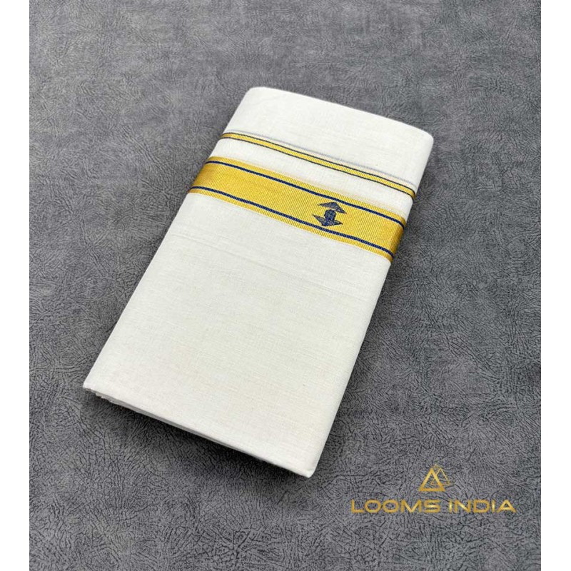 Handloom Cotton Double Mundu Set – Golden Kasavu Zari Border with Navy Blue Thread Stripes & Elephant Motif Weave