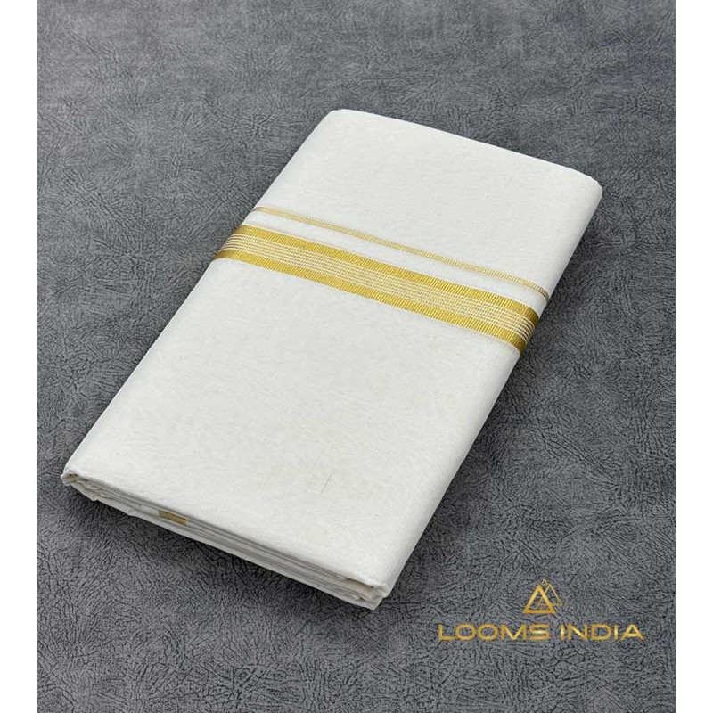 Handloom Cotton Double Mundu Set – Narrow Checkered Golden Kasavu Zari Border with Pure Off-White Weave