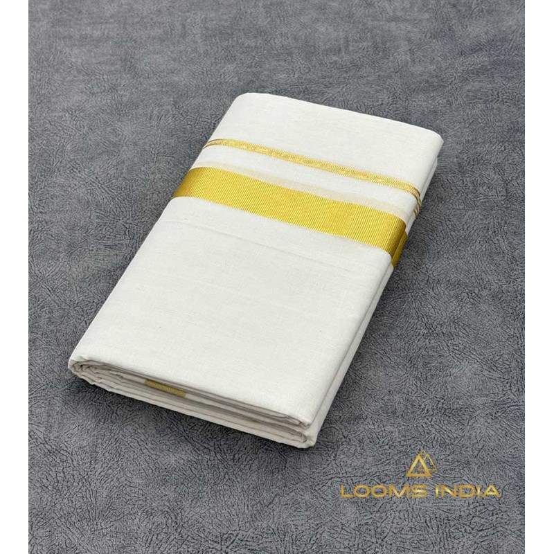 Handloom Cotton Double Mundu Set – Medium Golden Kasavu Zari Border with Double Stripe Detail & Pure Off-White Weave