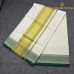 Balaramapuram Handloom Cotton Saree – Plain White Body with Green Kara & Dual Gold-Silver Kasavu Border
