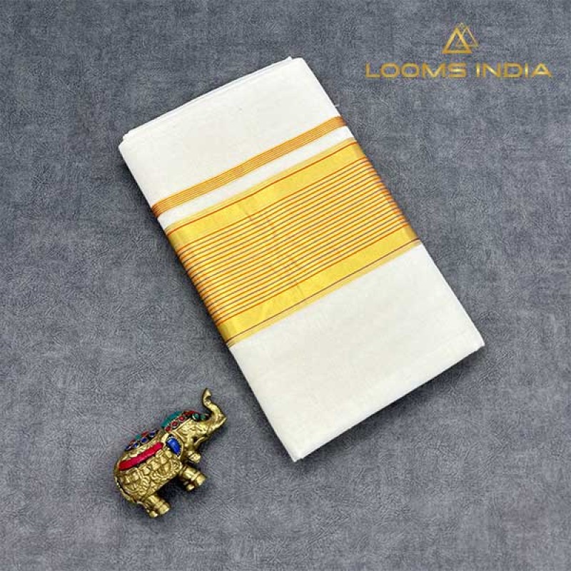 Balaramapuram Handloom Cotton Saree – Plain White Body with Multi-Colour Orange & Violet Border, Dual Kasavu & Magenta Piping