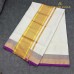 Balaramapuram Handloom Cotton Saree – Plain White Body with Multi-Colour Orange & Violet Border, Dual Kasavu & Magenta Piping
