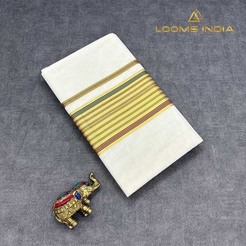 Pure Handloom Balaramapuram Unakkupaav Kasavu Saree – Green & Red Contrast Border, Gold Kasavu & Red Piping