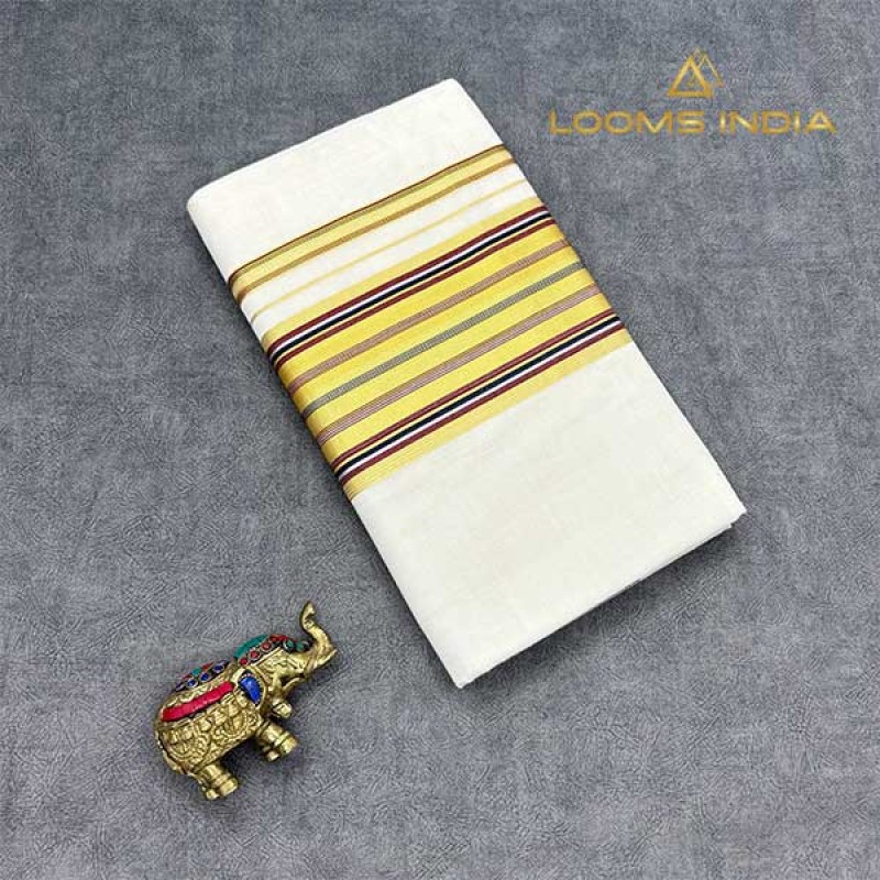 Balaramapuram Handloom Cotton Saree – Plain White Body with Maroon & Navy Blue Contrast Border, Dual Gold-Silver Kasavu & Maroon Piping