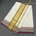 Balaramapuram Handloom Cotton Saree – Plain White Body with Maroon & Navy Blue Contrast Border, Dual Gold-Silver Kasavu & Maroon Piping