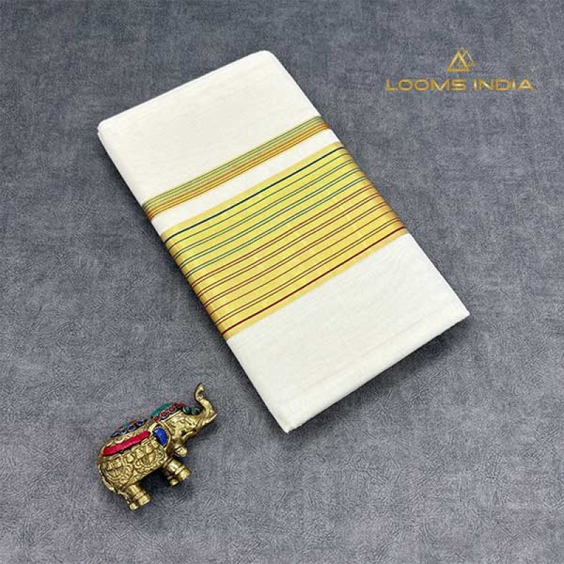 Balaramapuram Handloom Cotton Saree – Plain White Body with Green & Rust Contrast Border, Gold Kasavu & Rust Piping