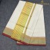 Balaramapuram Handloom Cotton Saree – Plain White Body with Green & Rust Contrast Border, Gold Kasavu & Rust Piping