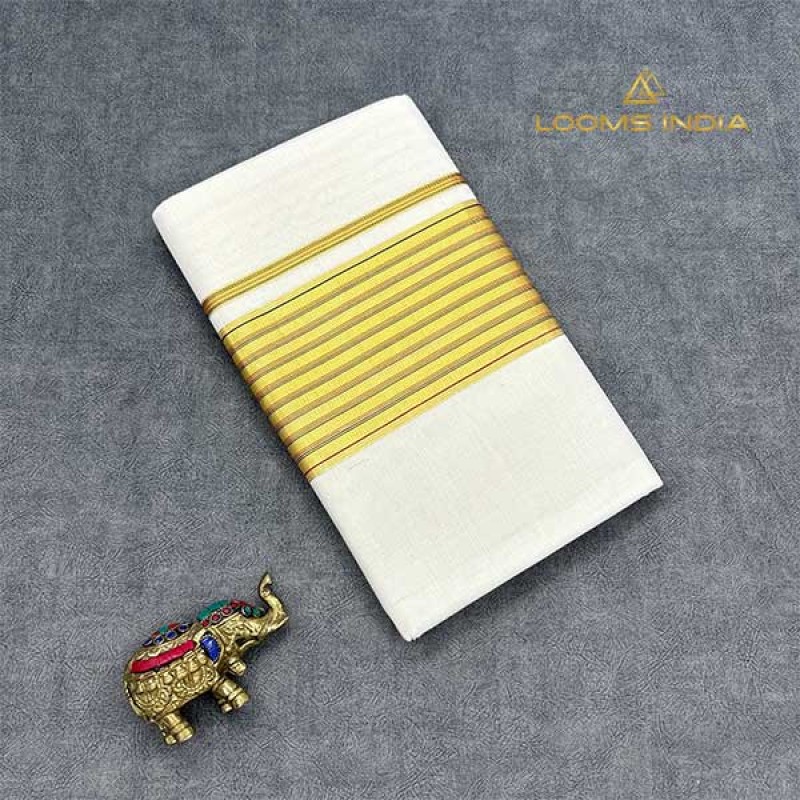 Balaramapuram Handloom Cotton Saree – Plain White Body with Rust Orange & Navy Blue Contrast Border, Dual Kasavu & Rust Piping