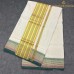 Balaramapuram Handloom Cotton Saree – Plain White Body with Maroon & Dark Green Contrast Border, Dual Kasavu & Green Piping