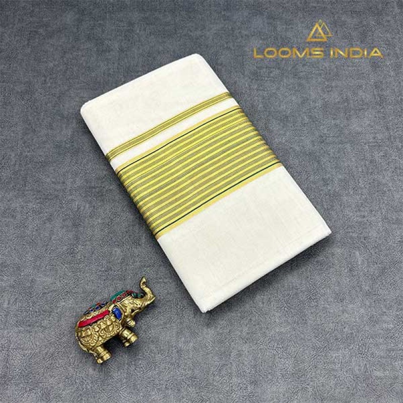 Pure Handloom Balaramapuram Unakkupaav Kasavu Saree– Dark Green Kara & Dual Gold-Silver Kasavu Border