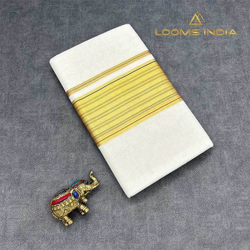 Balaramapuram Handloom Cotton Saree – Plain White Body with Rust Orange & Navy Blue Dual Contrast Border, Gold-Silver Kasavu & Rust Piping