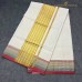 Balaramapuram Handloom Cotton Saree – Plain White Body with Rust Orange & Navy Blue Dual Contrast Border, Gold-Silver Kasavu & Rust Piping